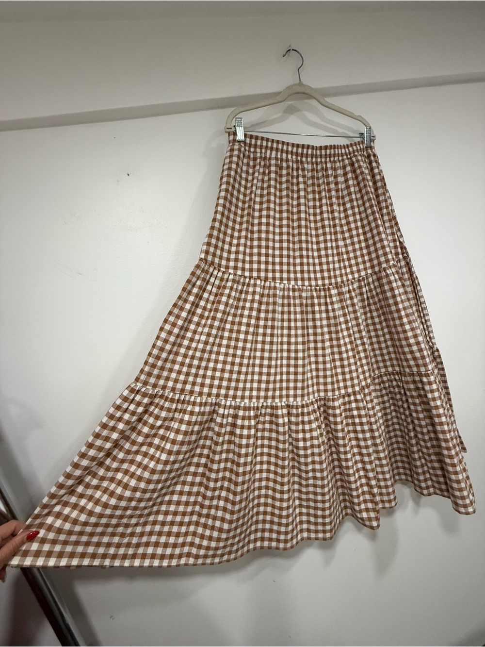Gingham Tiered Maxi Skirt in Brown and Cream